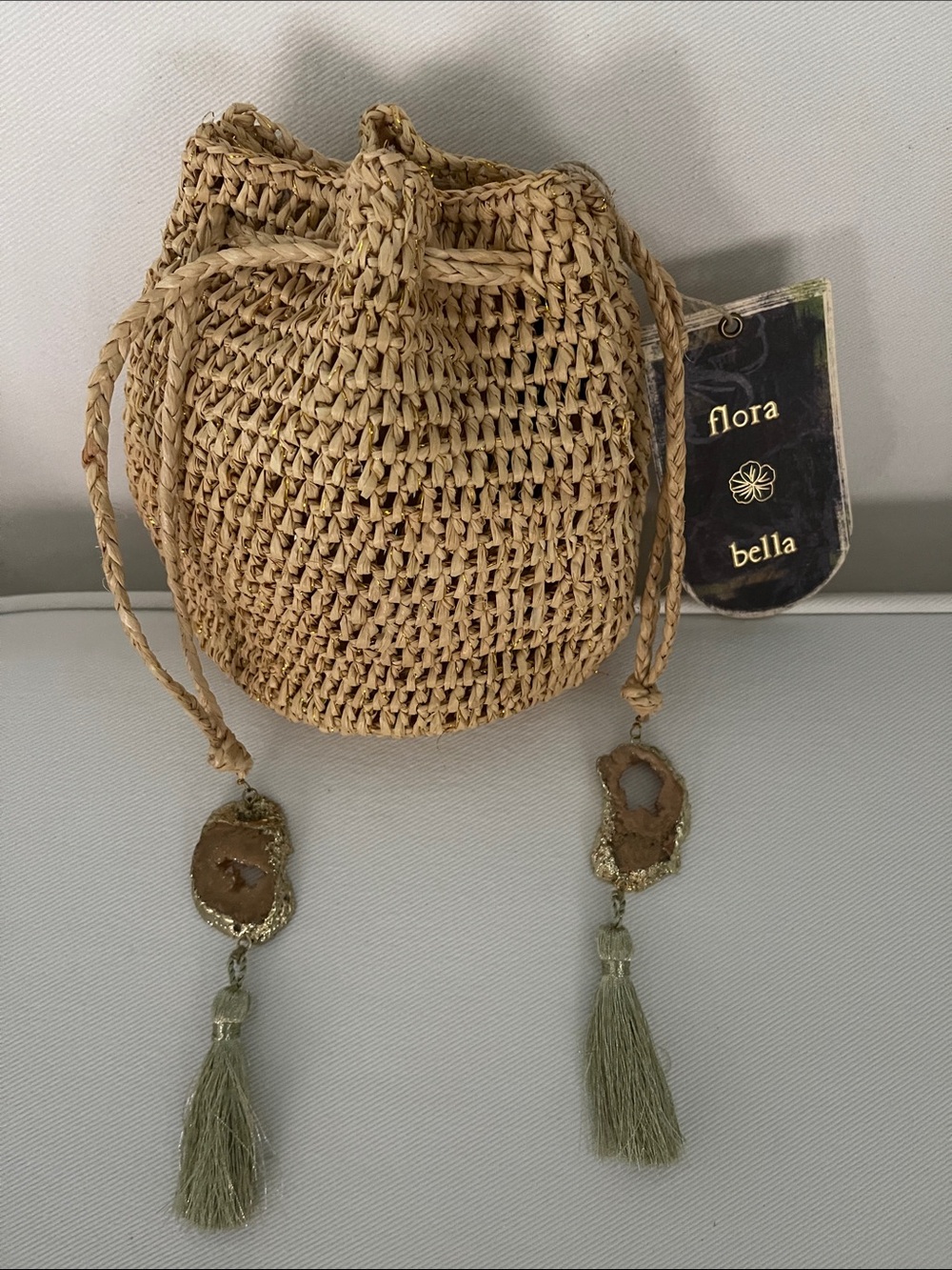 NWT Florabella Stintino Natural Gold Crochet Raffia Bag-HTF